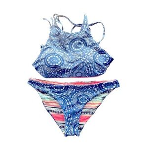 WOMENS UNBRANDED BIKINI BOHO PRINT REVERSIBLE STRING TOP SIZE SMALL PINK BLUE